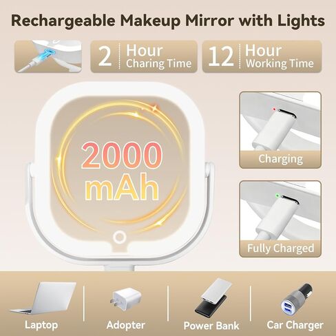 Makeup Mirror with Lights, 1X/10X Magnifying Mirror with Light, Rechargeable Lighted Makeup Mirror with Magnification, 3-Color Lighting, Height Adjustable 360° Rotation Desk Mirror, Gift for Women in Saudi Arabia