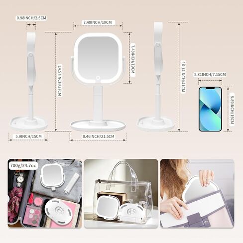Makeup Mirror with Lights, 1X/10X Magnifying Mirror with Light, Rechargeable Lighted Makeup Mirror with Magnification, 3-Color Lighting, Height Adjustable 360° Rotation Desk Mirror, Gift for Women in Saudi Arabia