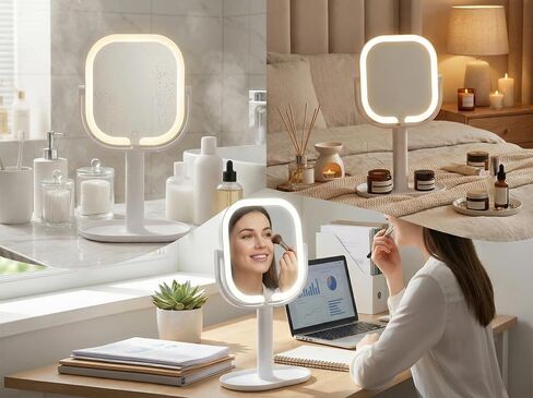 Makeup Mirror with Lights, 1X/10X Magnifying Mirror with Light, Rechargeable Lighted Makeup Mirror with Magnification, 3-Color Lighting, Height Adjustable 360° Rotation Desk Mirror, Gift for Women in Saudi Arabia