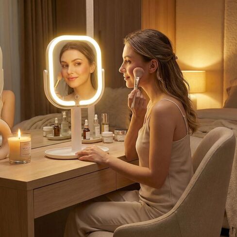 Makeup Mirror with Lights, 1X/10X Magnifying Mirror with Light, Rechargeable Lighted Makeup Mirror with Magnification, 3-Color Lighting, Height Adjustable 360° Rotation Desk Mirror, Gift for Women in Saudi Arabia