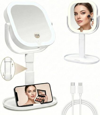 Makeup Mirror with Lights, 1X/10X Magnifying Mirror with Light, Rechargeable Lighted Makeup Mirror with Magnification, 3-Color Lighting, Height Adjustable 360° Rotation Desk Mirror, Gift for Women in Saudi Arabia