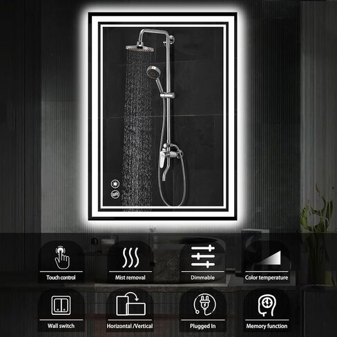 24“ x 36" LED Mirror for Bathroom Front and Backlit Anti-Fog Dimmable 3 Colors LED Bathroom Mirror with Lights Memory Function Smart Mirror Wall Mounted Horizontal/Vertical in Saudi Arabia