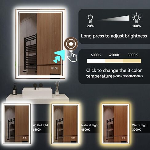 24“ x 36" LED Mirror for Bathroom Front and Backlit Anti-Fog Dimmable 3 Colors LED Bathroom Mirror with Lights Memory Function Smart Mirror Wall Mounted Horizontal/Vertical in Saudi Arabia