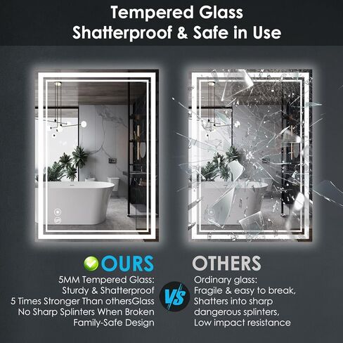 24“ x 36" LED Mirror for Bathroom Front and Backlit Anti-Fog Dimmable 3 Colors LED Bathroom Mirror with Lights Memory Function Smart Mirror Wall Mounted Horizontal/Vertical in Saudi Arabia