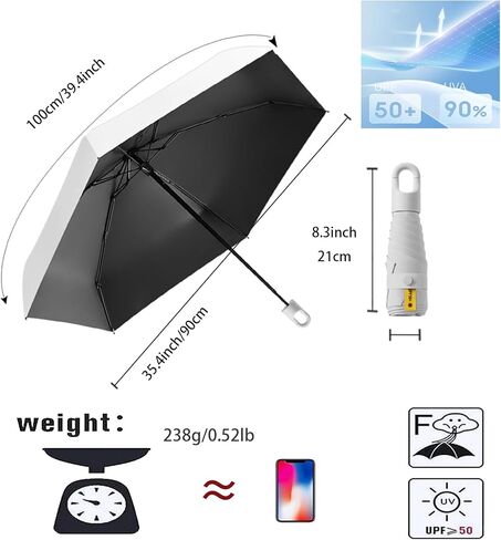Ultra-Lightweight Folding Umbrella - Mini Parasol with Rotating Handle/Protable/UPF50+/UV Protection/Telfon/Small/Women Men Kids in Kuwait