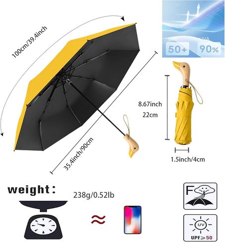 Travel Folding Umbrella With Duck-Shaped Handdle/UPF50+/UV Protection/Telfon/Protable Parasol/Lightweight/Women Kids in Kuwait