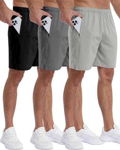 PARISDIARY 3 Pack Men's Athletic Running Shorts Gym Workout with Zipper Pockets,Quick Dry Basketball Hiking Shorts for Men in Kuwait