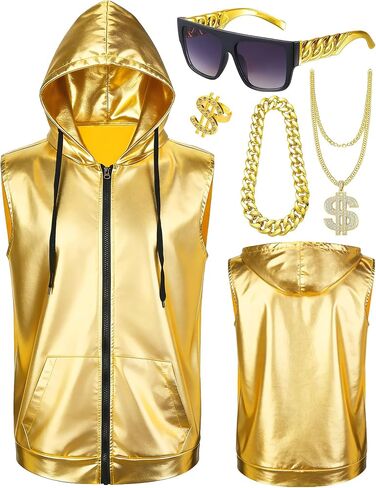 Men Metallic 70s 80s Disco Coustome Set, Gold or Silver Shiny Hooded Tops Hoodie Shirts Outfits for Disco Party in Saudi Arabia