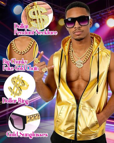 Men Metallic 70s 80s Disco Coustome Set, Gold or Silver Shiny Hooded Tops Hoodie Shirts Outfits for Disco Party in Saudi Arabia