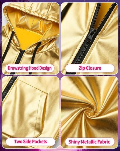 Men Metallic 70s 80s Disco Coustome Set, Gold or Silver Shiny Hooded Tops Hoodie Shirts Outfits for Disco Party in Saudi Arabia