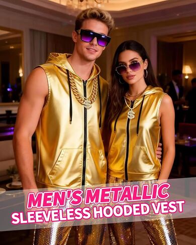 Men Metallic 70s 80s Disco Coustome Set, Gold or Silver Shiny Hooded Tops Hoodie Shirts Outfits for Disco Party in Saudi Arabia