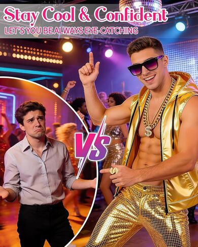 Men Metallic 70s 80s Disco Coustome Set, Gold or Silver Shiny Hooded Tops Hoodie Shirts Outfits for Disco Party in Saudi Arabia