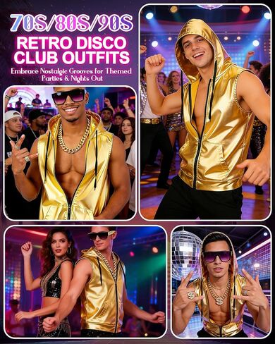 Men Metallic 70s 80s Disco Coustome Set, Gold or Silver Shiny Hooded Tops Hoodie Shirts Outfits for Disco Party in Saudi Arabia