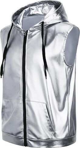Men Metallic 70s 80s Disco Coustome Set, Gold or Silver Shiny Hooded Tops Hoodie Shirts Outfits for Disco Party in Kuwait