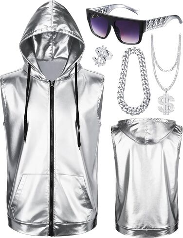 Men Metallic 70s 80s Disco Coustome Set, Gold or Silver Shiny Hooded Tops Hoodie Shirts Outfits for Disco Party in Saudi Arabia