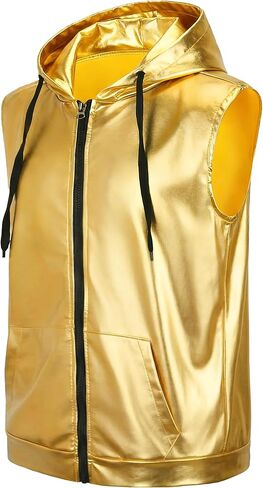 Men Metallic 70s 80s Disco Coustome Set, Gold or Silver Shiny Hooded Tops Hoodie Shirts Outfits for Disco Party in Saudi Arabia