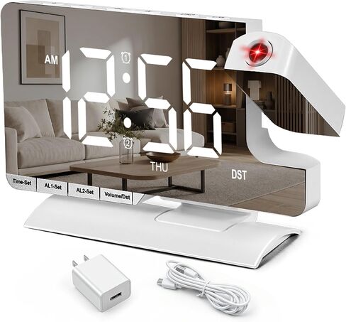 Projection Clock,Alarm Clocks for Bedrooms,7.3" Mirror Bedside Clock with 180°Rotating Projector,6 Brightness Adjust,Dual Alarm with 3 Mode,Date,DST,Charging Port,5 Levels Volume for Home in Saudi Arabia