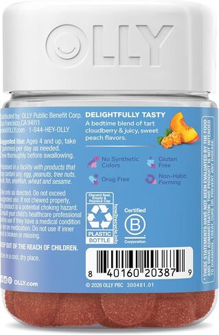 OLLY Kids Melatonin Free Sleep Gummy Supplement, Supports Sleep Quality,* Magnesium, L-Theanine, Lemon Balm, Cloudberry Peach Flavored, 25 Day Supply - 50 Count in Saudi Arabia