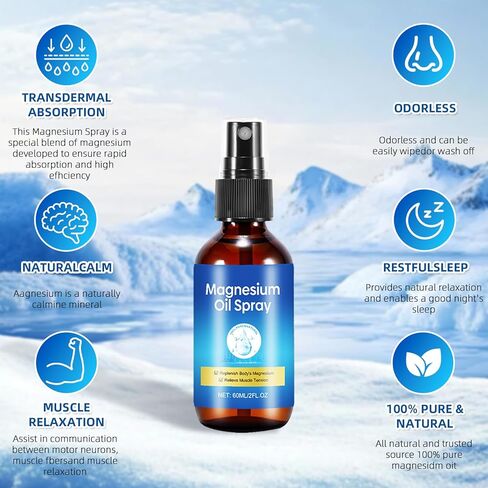 Magnesium Spray, Pure Magnesium Oil Spray for Feet, Leak-Proof Portable Package, Magnesium Oil Body Care Natural Formula, Easy to Absorb and Soothe, 2 fl oz in Saudi Arabia