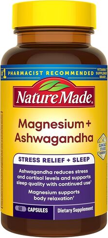 Nature Made Magnesium + Ashwagandha Capsules, Stress Relief and Sleep Support, Magnesium 300 mg and Ashwagandha Supplements, 60 Capsules, 30 Day Supply in Kuwait