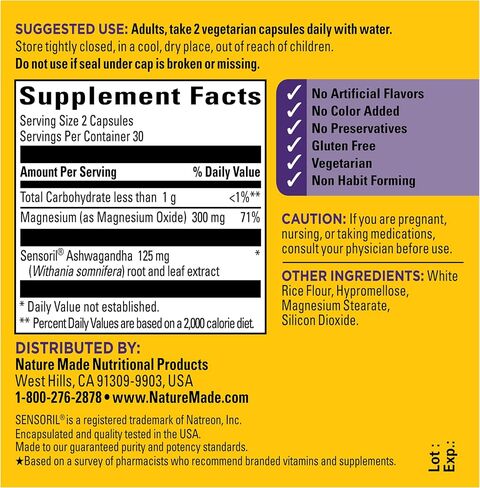 Nature Made Magnesium + Ashwagandha Capsules, Stress Relief and Sleep Support, Magnesium 300 mg and Ashwagandha Supplements, 60 Capsules, 30 Day Supply in Kuwait