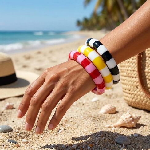 Chunky Resin Bracelets Stripe Bracelets for Women Colorful Y2K Bangles Summer Beach Jewelry Accessories Boho Bracelets for Women in Saudi Arabia