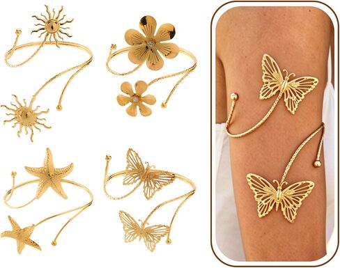 INSYOHO 4PCS Gold Arm Cuff for Women - Boho Flower Starfish Sun Butterfly Arm Jewelry Upper Arm Bracelet Open Adjustable Arm Cuff Bangle Band Armlets for Women Summer Beach in Saudi Arabia