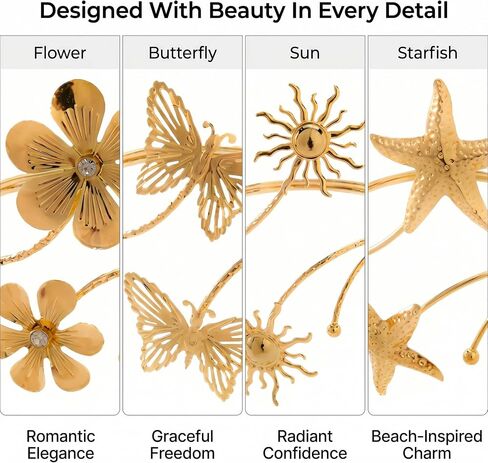 INSYOHO 4PCS Gold Arm Cuff for Women - Boho Flower Starfish Sun Butterfly Arm Jewelry Upper Arm Bracelet Open Adjustable Arm Cuff Bangle Band Armlets for Women Summer Beach in Saudi Arabia