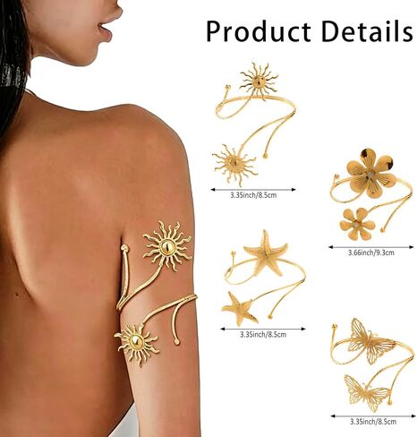 INSYOHO 4PCS Gold Arm Cuff for Women - Boho Flower Starfish Sun Butterfly Arm Jewelry Upper Arm Bracelet Open Adjustable Arm Cuff Bangle Band Armlets for Women Summer Beach in Saudi Arabia