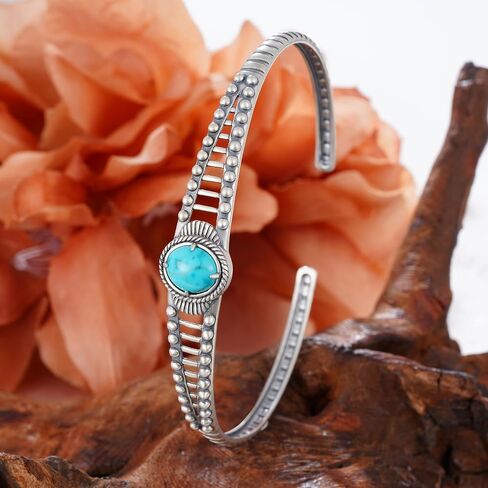 925 Sterling Silver Genuine Turquoise Cuff Bracelet for Women, Western Vintage Oxidized Silver Open Bangle, Adjustable Natural Turquoise Boho Jewelry Gift in Saudi Arabia