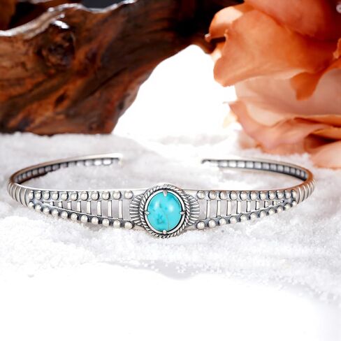 925 Sterling Silver Genuine Turquoise Cuff Bracelet for Women, Western Vintage Oxidized Silver Open Bangle, Adjustable Natural Turquoise Boho Jewelry Gift in Saudi Arabia