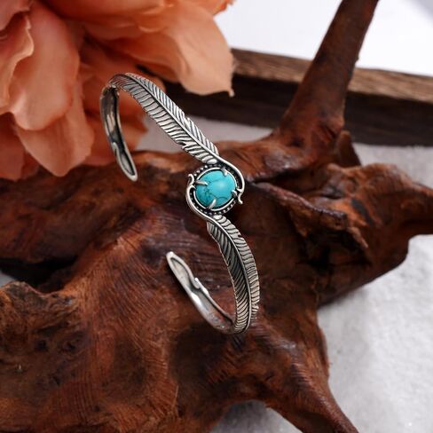 Feather Turquoise Cuff Bracelet for Women, 925 Sterling Silver Genuine Natural Turquoise Western Style Adjustable Open Bangle, Vintage Oxidized Boho Turquoise Jewelry Gift for Women in Saudi Arabia