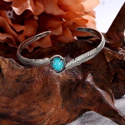 Feather Turquoise Cuff Bracelet for Women, 925 Sterling Silver Genuine Natural Turquoise Western Style Adjustable Open Bangle, Vintage Oxidized Boho Turquoise Jewelry Gift for Women in Saudi Arabia