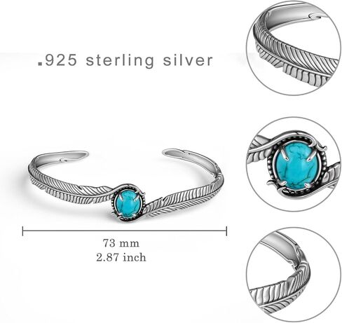 Feather Turquoise Cuff Bracelet for Women, 925 Sterling Silver Genuine Natural Turquoise Western Style Adjustable Open Bangle, Vintage Oxidized Boho Turquoise Jewelry Gift for Women in Saudi Arabia