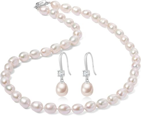 8-9MM Cultured Pearl Necklace Set Includes Bracelet and Hook Earrings, Black/White Pearl Jewelry Gift for Women Mother's Day, Anniversary, Birthday, Wedding in Saudi Arabia