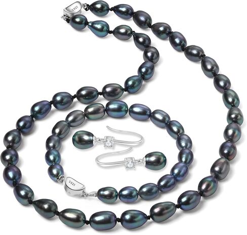 8-9MM Cultured Pearl Necklace Set Includes Bracelet and Hook Earrings, Black/White Pearl Jewelry Gift for Women Mother's Day, Anniversary, Birthday, Wedding in Saudi Arabia