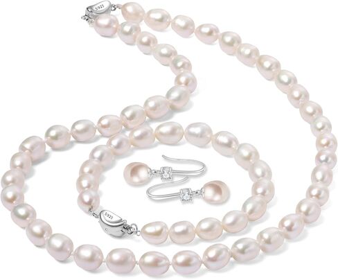8-9MM Cultured Pearl Necklace Set Includes Bracelet and Hook Earrings, Black/White Pearl Jewelry Gift for Women Mother's Day, Anniversary, Birthday, Wedding in Saudi Arabia