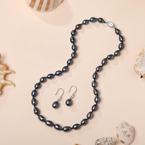 8-9MM Cultured Pearl Necklace Set Includes Bracelet and Hook Earrings, Black/White Pearl Jewelry Gift for Women Mother's Day, Anniversary, Birthday, Wedding in Saudi Arabia