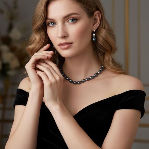 8-9MM Cultured Pearl Necklace Set Includes Bracelet and Hook Earrings, Black/White Pearl Jewelry Gift for Women Mother's Day, Anniversary, Birthday, Wedding in Saudi Arabia