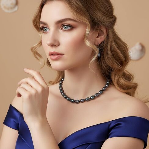 8-9MM Cultured Pearl Necklace Set Includes Bracelet and Hook Earrings, Black/White Pearl Jewelry Gift for Women Mother's Day, Anniversary, Birthday, Wedding in Saudi Arabia