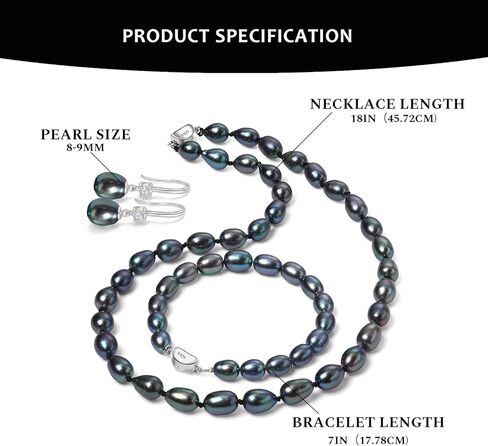 8-9MM Cultured Pearl Necklace Set Includes Bracelet and Hook Earrings, Black/White Pearl Jewelry Gift for Women Mother's Day, Anniversary, Birthday, Wedding in Saudi Arabia