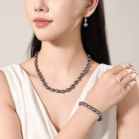 8-9MM Cultured Pearl Necklace Set Includes Bracelet and Hook Earrings, Black/White Pearl Jewelry Gift for Women Mother's Day, Anniversary, Birthday, Wedding in Saudi Arabia