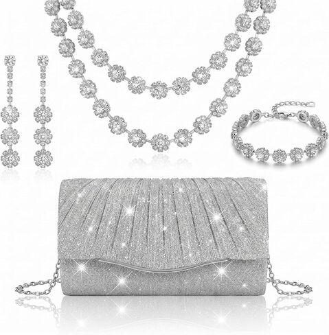4 Pcs Purse Rhinestone Jewelry Set Prom Jewelry Glitter Bling Clutch Purse Bride Necklace Earrings Bracelets Sparkly Costume Kit for Women Bride Wedding Prom Evening Party in Saudi Arabia