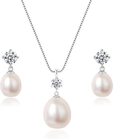 Pearl Necklace and Earrings Set 8.5-10mm Freshwater Real Pearl Jewelry Set for Women 925 Sterling Silver Hypoallergenic Pink, White, Black Cultured Genuine Pearls ,Jewelry Gifts for Wife,Mom,Frined in Saudi Arabia