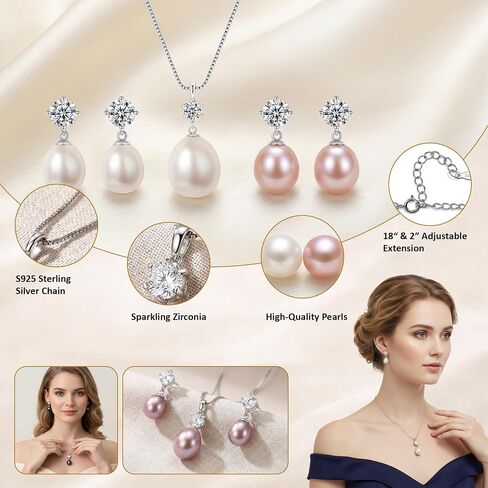 Pearl Necklace and Earrings Set 8.5-10mm Freshwater Real Pearl Jewelry Set for Women 925 Sterling Silver Hypoallergenic Pink, White, Black Cultured Genuine Pearls ,Jewelry Gifts for Wife,Mom,Frined in Saudi Arabia