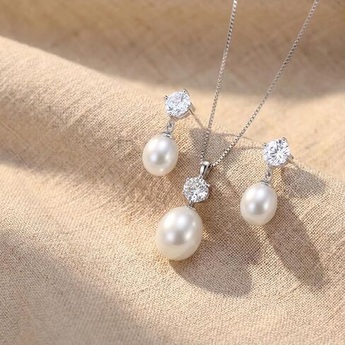 Pearl Necklace and Earrings Set 8.5-10mm Freshwater Real Pearl Jewelry Set for Women 925 Sterling Silver Hypoallergenic Pink, White, Black Cultured Genuine Pearls ,Jewelry Gifts for Wife,Mom,Frined in Saudi Arabia
