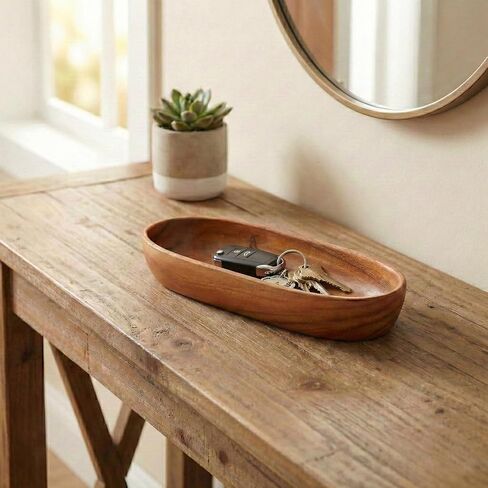 Wooden Oval Decorative Bowl Handcrafted Boat Shaped Tray Catchall for Keys Candy Rustic Wood Ellipse Dish for Entryway Table, Nightstand, Wedding Table Centerpiece Decor (Middle, Length 10") in Kuwait