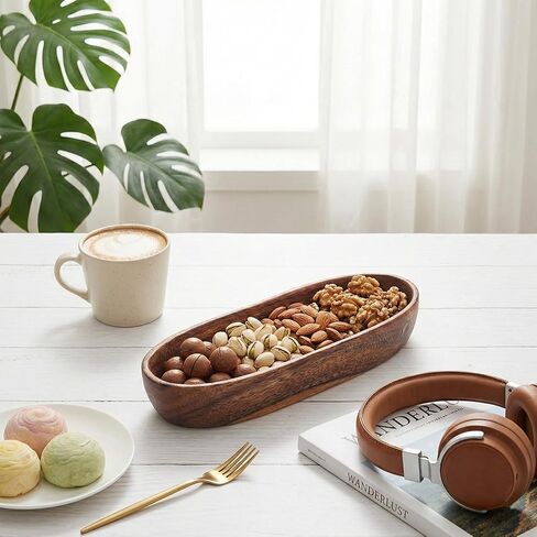 Wooden Oval Decorative Bowl Handcrafted Boat Shaped Tray Catchall for Keys Candy Rustic Wood Ellipse Dish for Entryway Table, Nightstand, Wedding Table Centerpiece Decor (Middle, Length 10") in Kuwait