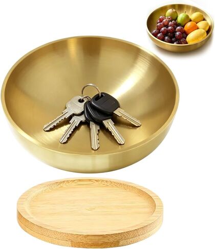 Key Bowl For Entryway Table Key Bowl Catch All Vowl Gold Fruit Bowl, Perfect For Kitchen Countertops And Coffee Tables 7.4 Inches In Diameter Comes With An Elegant Wooden Coaster in Saudi Arabia
