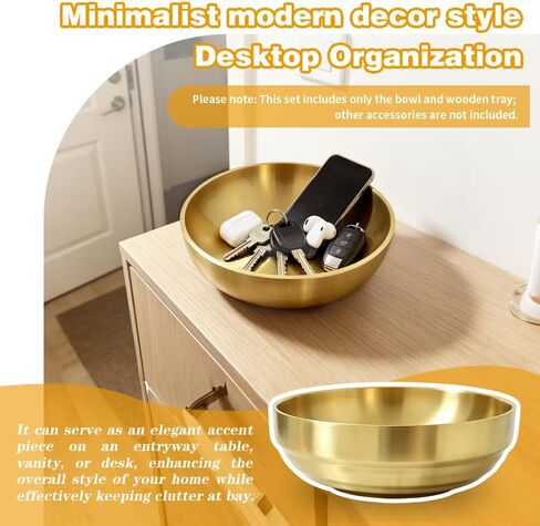 Key Bowl For Entryway Table Key Bowl Catch All Vowl Gold Fruit Bowl, Perfect For Kitchen Countertops And Coffee Tables 7.4 Inches In Diameter Comes With An Elegant Wooden Coaster in Saudi Arabia